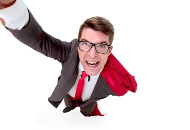 Üst Manzara. Kasıtlı süper kahraman iş adamı yükseliyor..