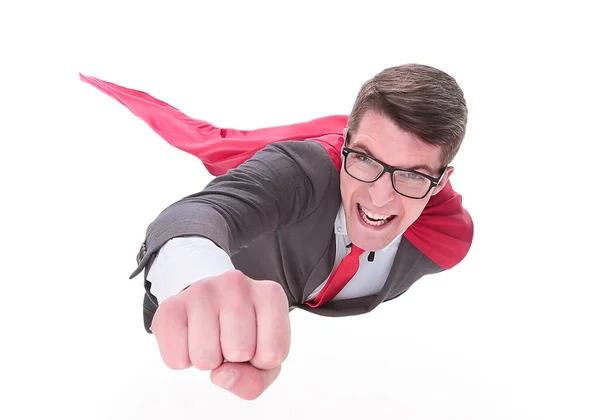 Уверенный в себе супергерой бизнесмен летит к вам — стоковое фото