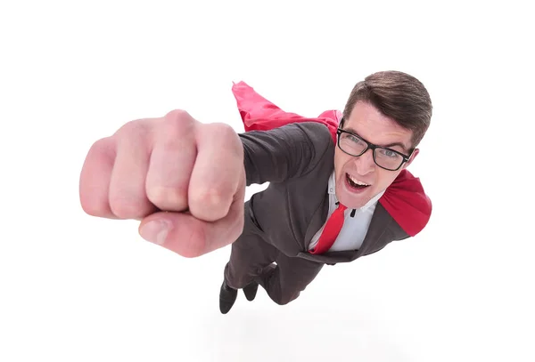 Homem de negócios super-herói confiante está voando para você — Fotografia de Stock