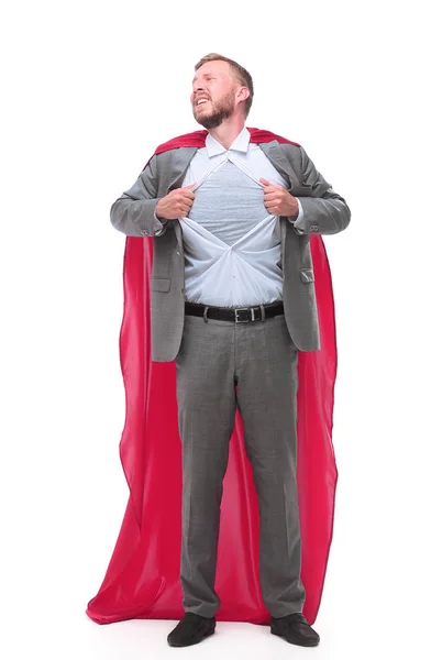 In full growth. Businessman in superhero pose rips his shirt — Stock Photo, Image