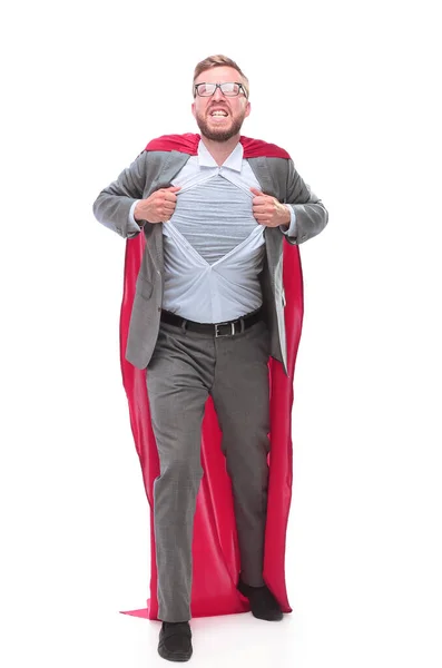 In full growth. businessman in superhero Cape rips his shirt. — Stock Photo, Image