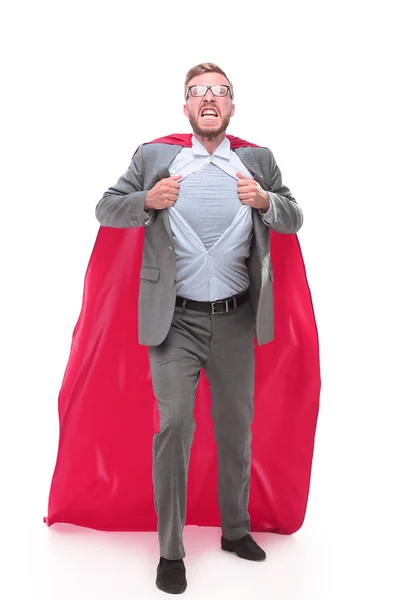 In full growth. businessman in superhero Cape rips his shirt. — Stock Photo, Image