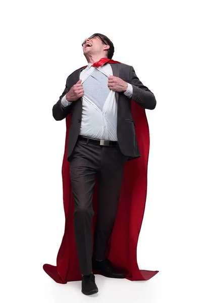 В полном росте. счастливый бизнесмен в позе супергероя — стоковое фото