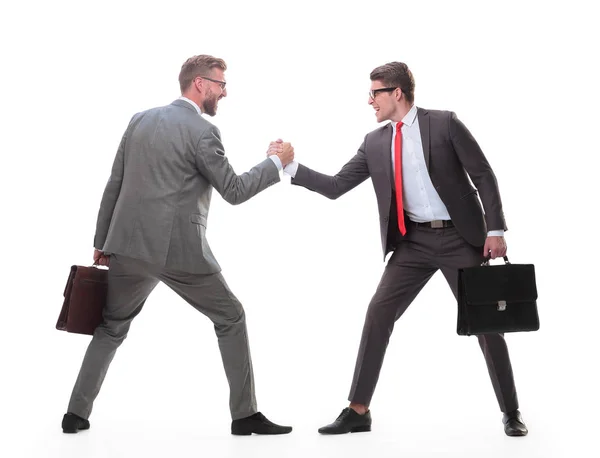 Vista lateral. dos competidores de negocios mostrando su fuerza . — Foto de Stock