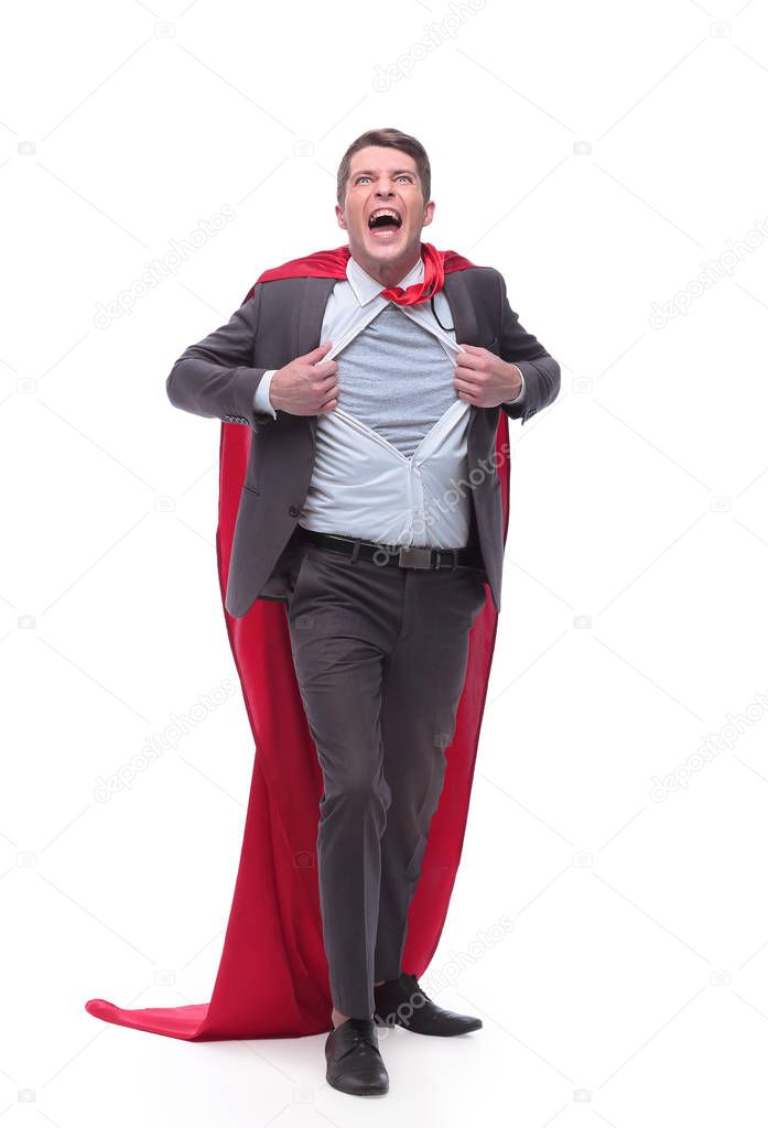 young businessman in superhero Cape ripping his shirt