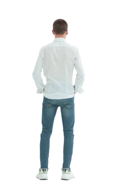 Rear view. casual guy looking at blank white screen. — Stock Photo, Image