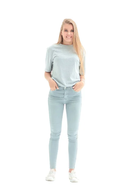In volle groei. een jonge vrouw in jeans en een t-shirt — Stockfoto