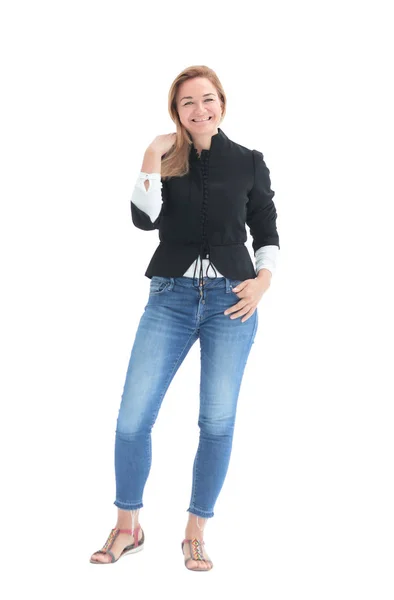 In full growth. a young woman in jeans and a black blouse — Stock Photo, Image