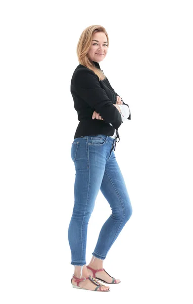 Vista lateral. mujer sonriente casual en jeans de moda — Foto de Stock