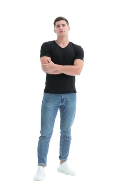 Tam gelişim. Siyah tişörtlü sıradan bir adam.