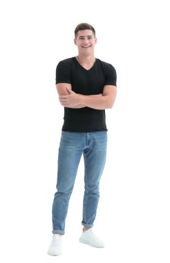 Tam gelişim. Siyah tişörtlü sıradan bir adam.