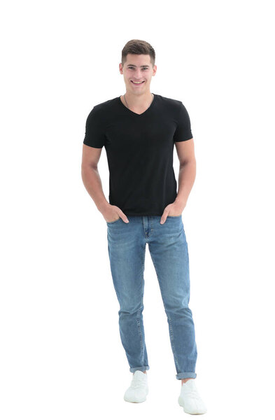 in full growth. casual guy in black t-shirt