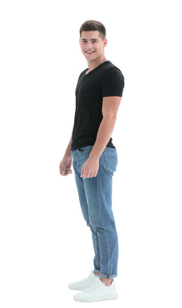 in full growth. casual smiling guy in black t-shirt