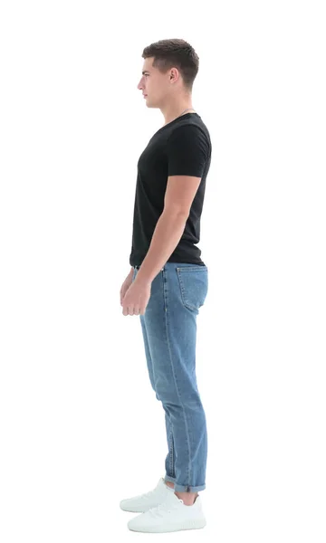 Vista lateral. cara confiante em uma camiseta preta . — Fotografia de Stock