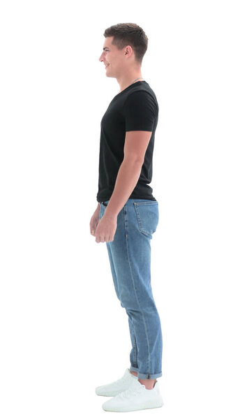 side view. confident guy in a black t-shirt .