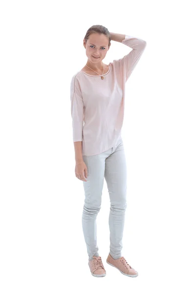 Bakifrån. casual ung kvinna tittar på vit tom skärm. — Stockfoto