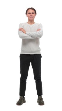 Tam gelişim. Beyaz uzun kollu şık genç adam..