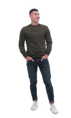 Tam gelişim. Gülümseyen kotlu sıradan adam