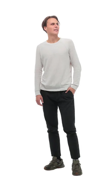 In full growth. stylish young man in white longsleeve. — Stock Photo, Image