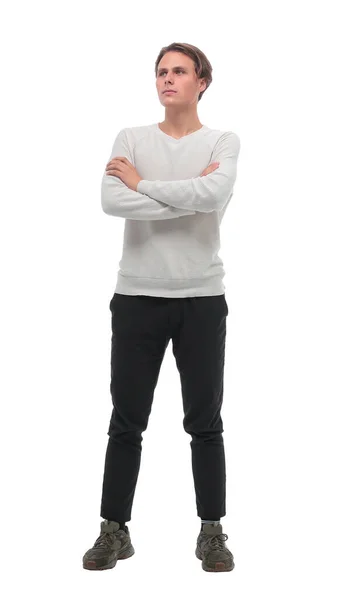 In full growth. stylish young man in white longsleeve. — Stock Photo, Image