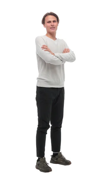 In volle groei. stijlvolle jongeman in witte longsleeve. — Stockfoto