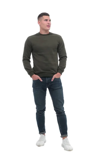 In volle groei. glimlachende gewone man in jeans — Stockfoto