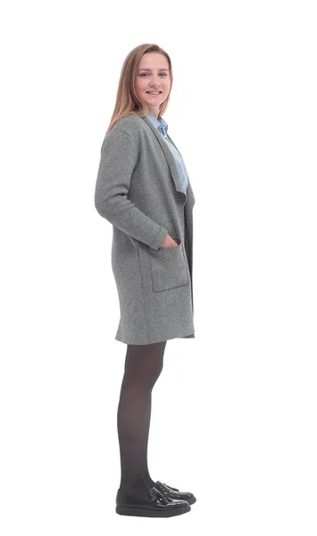 Vista lateral. una joven con un abrigo gris . —  Fotos de Stock