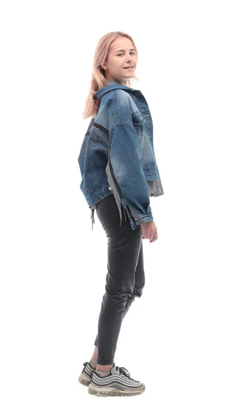 Side view. casual girl in denim jacket looking forward — Stock Photo, Image