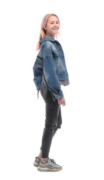 Вид збоку. випадкова дівчина в джинсовій куртці з нетерпінням чекає — стокове фото