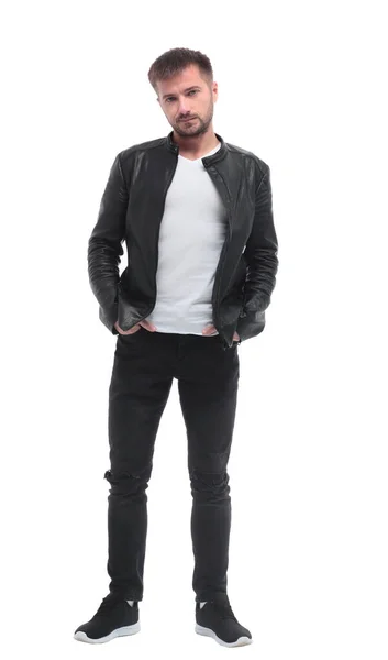 In full growth. stylish young man in black leather jacket — Stock Photo, Image