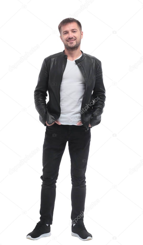 in full growth. stylish young man in black leather jacket