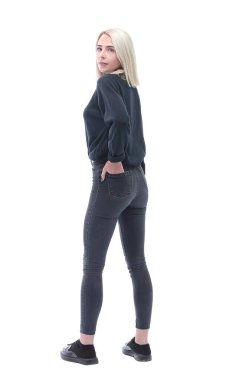 Yan görünüş. modern genç kadın fotokopi alanına bakıyor