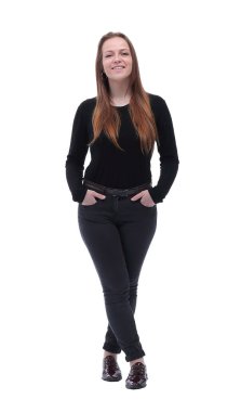 Tam gelişim. Sıradan giyinmiş sevimli bir kızın portresi.