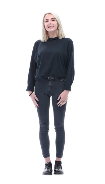 Krásná fena modelka v džínách a černé blůze — Stock fotografie