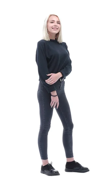 Krásná fena modelka v džínách a černé blůze — Stock fotografie