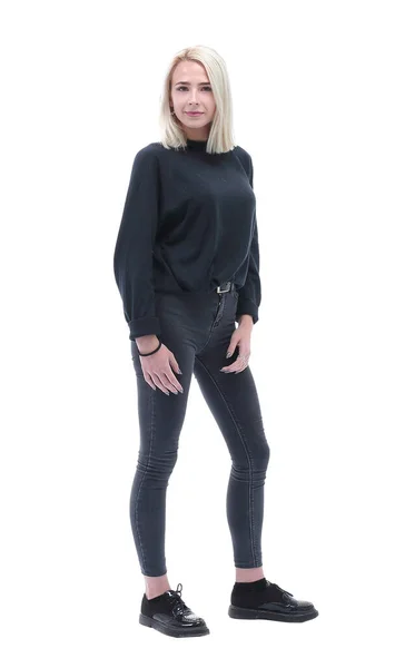 Красива жіноча модель в джинсах і чорній блузці — стокове фото