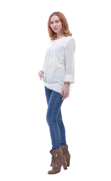 Vista lateral. mujer joven de moda segura en jeans y botas altas —  Fotos de Stock