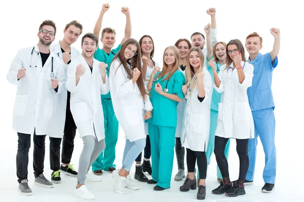 Vista dall'alto. un gruppo di medici sorridenti che ti indicano. — Foto Stock