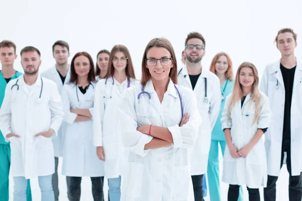 Vista superior. um grupo de médicos sorridentes apontando para você. — Fotografia de Stock