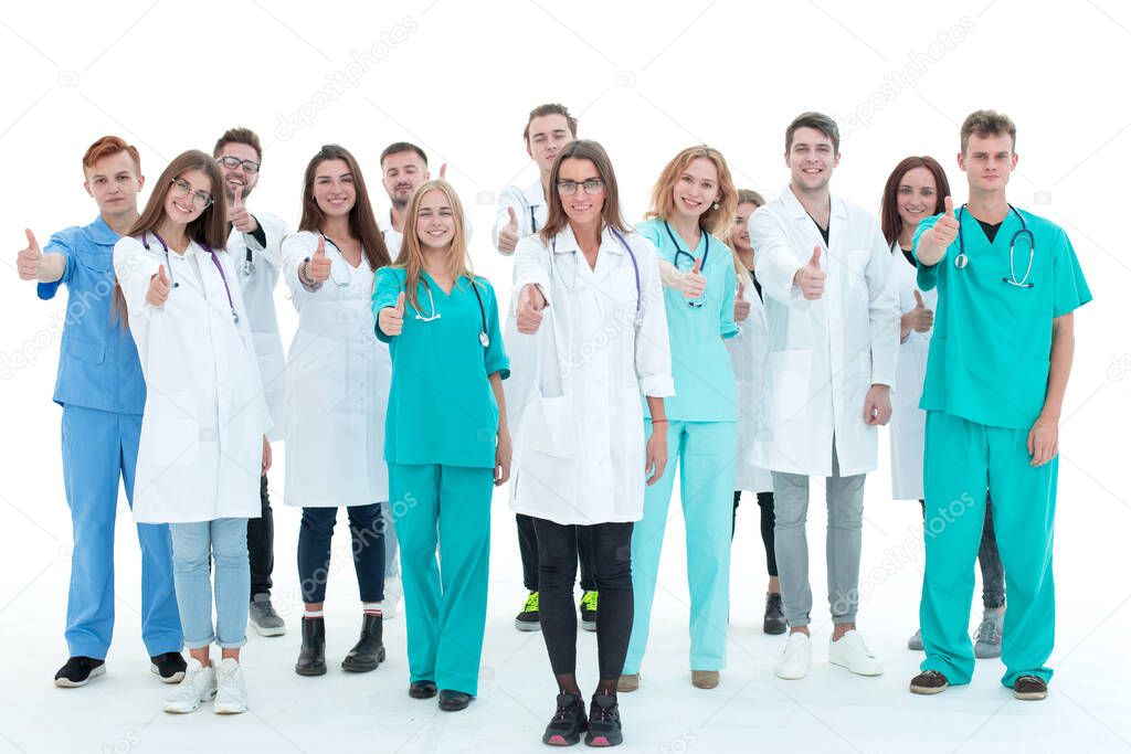 large group of interns doctors looking at the camera