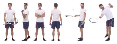 Tam gelişim. Yakışıklı erkek tenisçi, beyaz tenli..