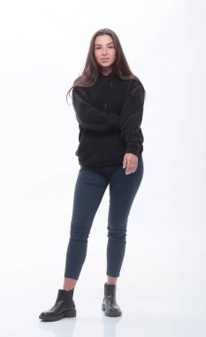 Kotlu güzel bir kız fotokopi odasına bakıyor. beyaz üzerine izole