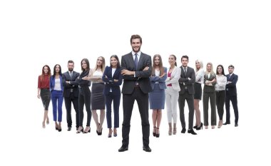 arka planda bir büyük iş takımının lideri ayakta