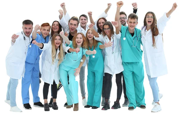 Top view. a group of smiling doctors pointing at you. — Stock Photo, Image