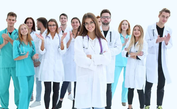 Вид сверху. группа улыбающихся врачей, указывающих на вас. — стоковое фото