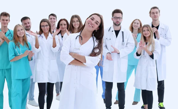 Top view. a group of smiling doctors pointing at you. — Stock Photo, Image