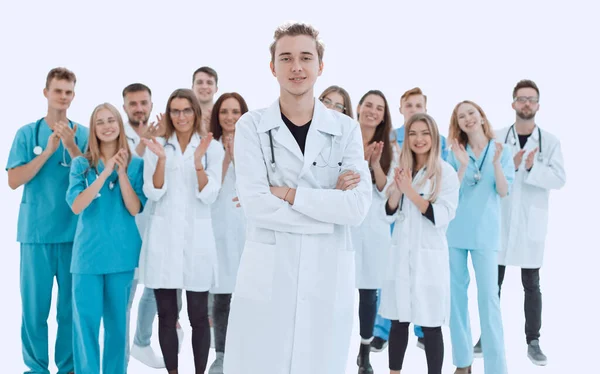 Vista dall'alto. un gruppo di medici sorridenti che ti indicano. — Foto Stock