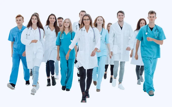 Top view. a group of smiling doctors pointing at you. — Stock Photo, Image