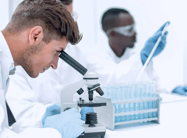 Vista trasera. un grupo de científicos en la mesa de laboratorio — Foto de Stock