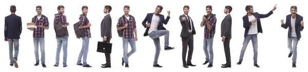 Collage panorámico de hombre joven auto-motivado .isolated en blanco — Foto de Stock